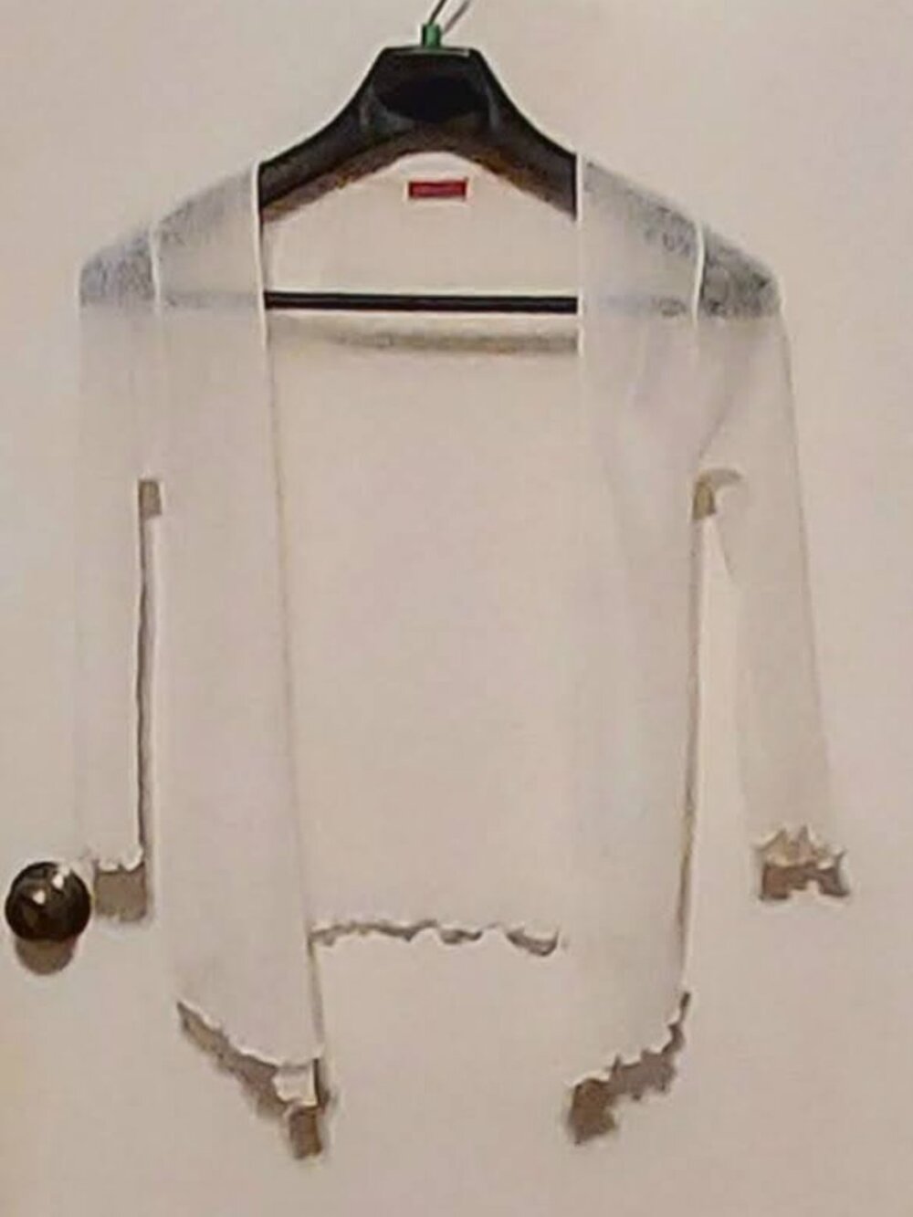 Shu-Shi Womans Shug, Cover Up White 3/4 Ruffle Sleeves Tie Front  Hand Made